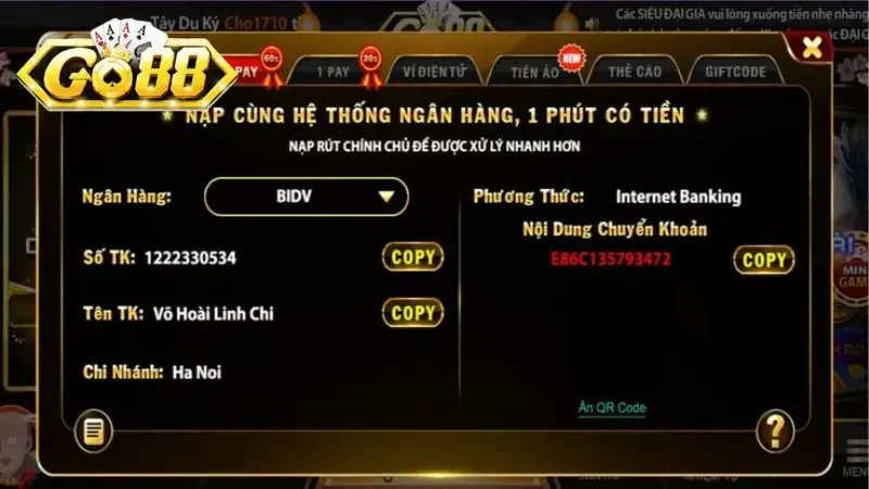 Nạp tiền Go88 chớp nhoáng chưa tới 2 phút